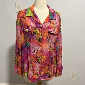 Chicos Fairy Top Womens 2 Silk Multicolor Abstract‎ Artsy Beach Blouse